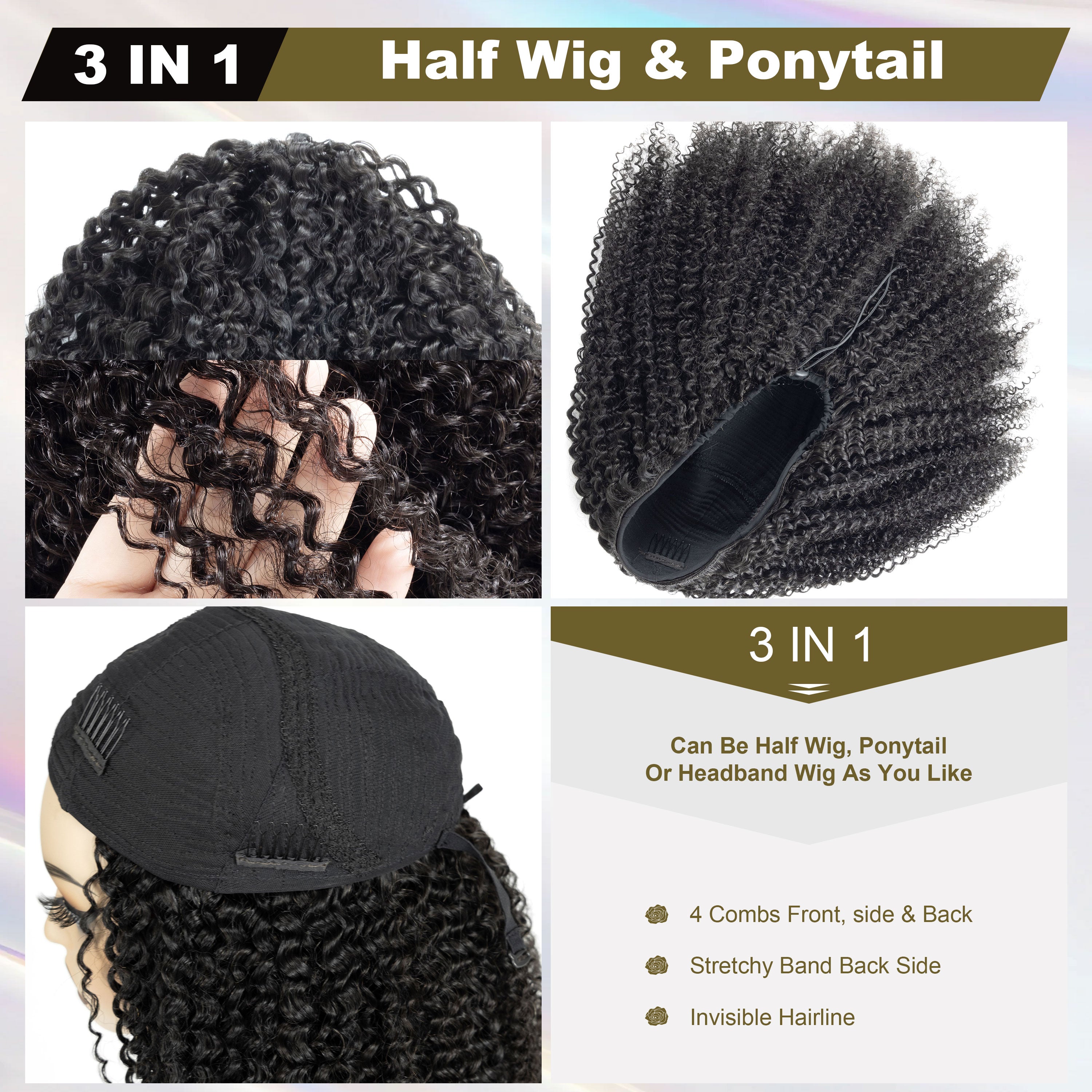 New 3-in-1 Half Wig Afro Kinky Curly Raw Human Hair Wig Seamless Flip Over Drawstring No Leave Out Wear Go Glueless Wigs