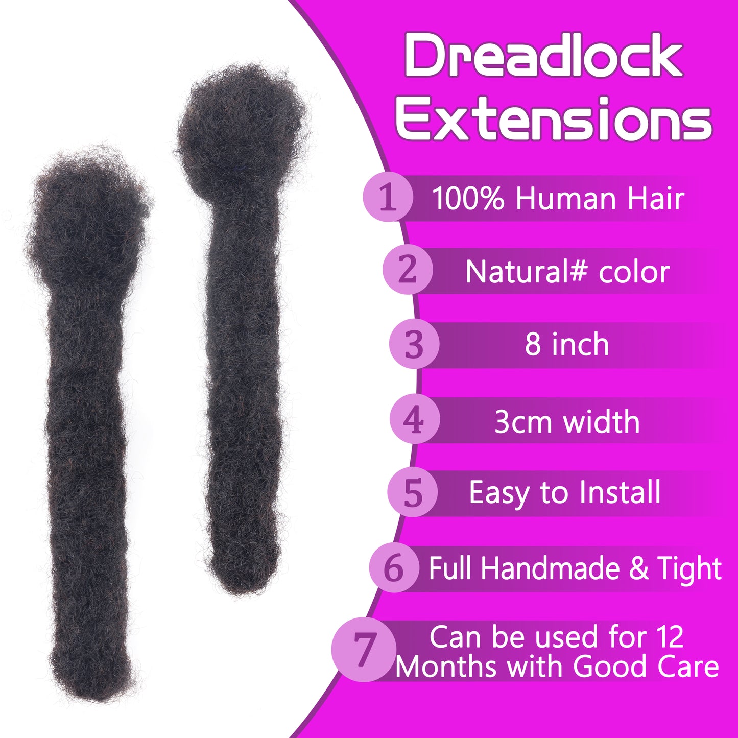 100% Human Hair Large Loc Extensions 3cm Thick Dreadlocks Handmade Jumbo Locs 4-24 Inches Custom Color