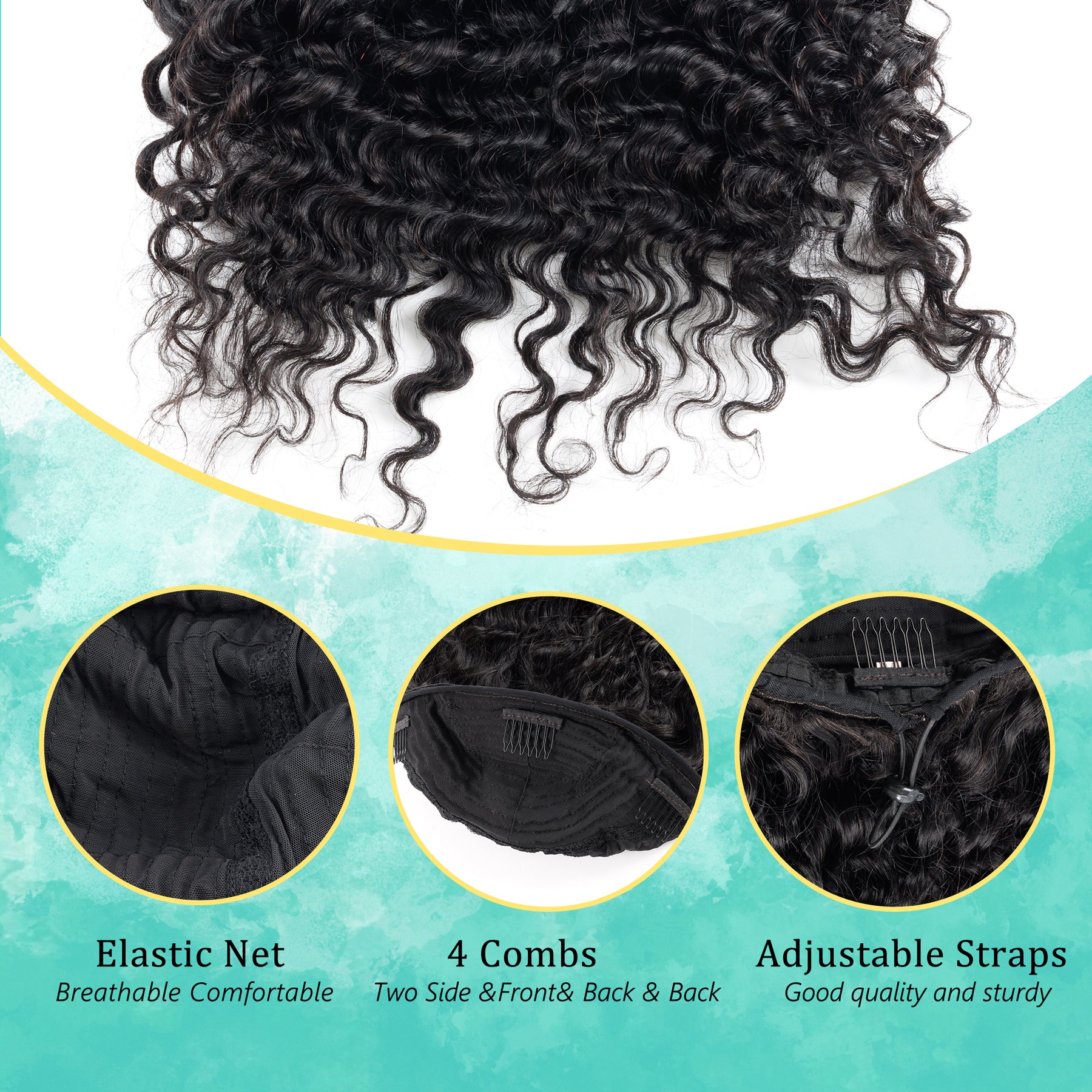 Human Hair Deep Wave 3 in 1 Half Wigs Wear and Go Glueless Wigs Drawstring Seamless Flip Over No Lace Wig for Beginner