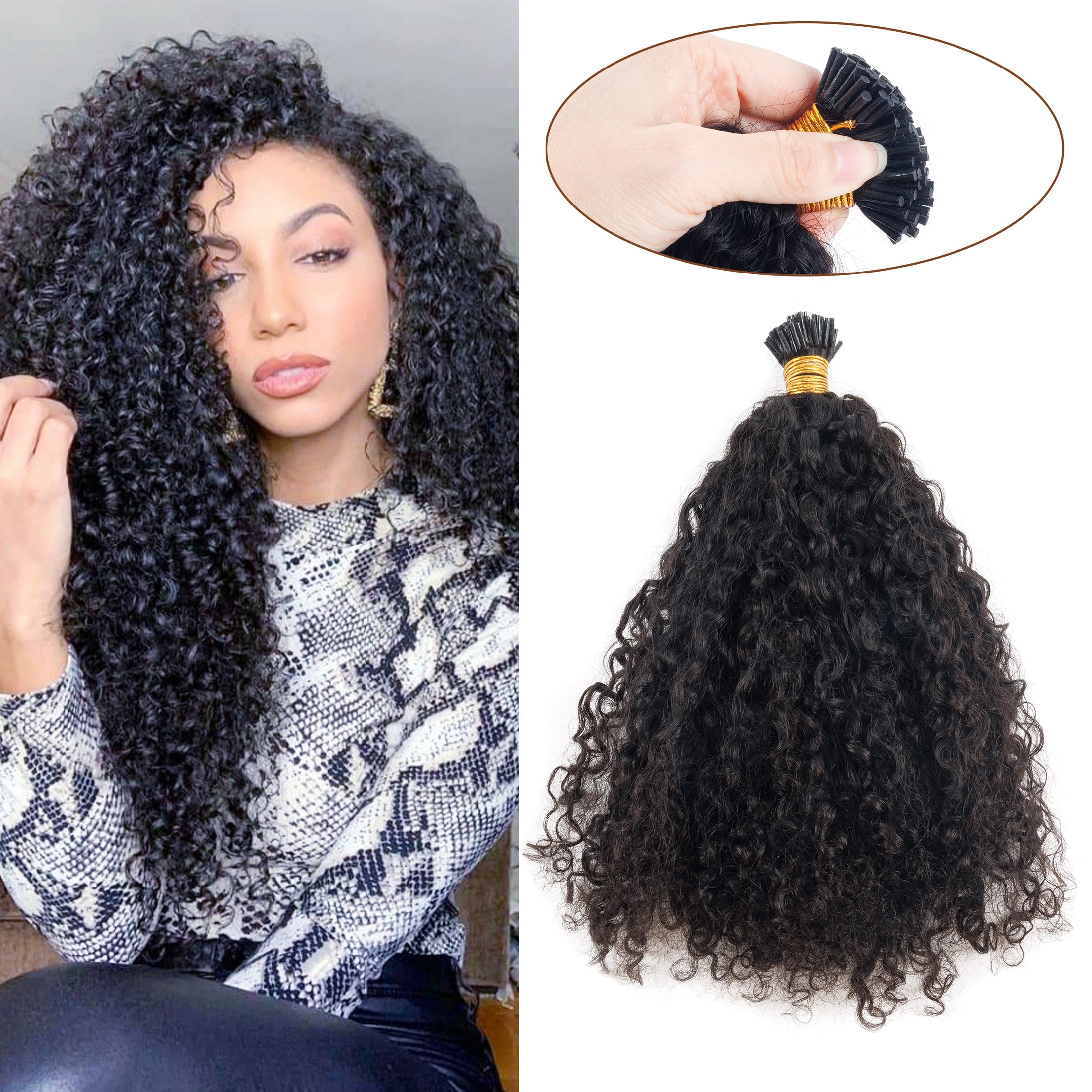 100% Remy Natural Human Hair Extensions Raw Keratin I TIP Style Double Drawn Pixie Curly I-Tip Hair Extensions