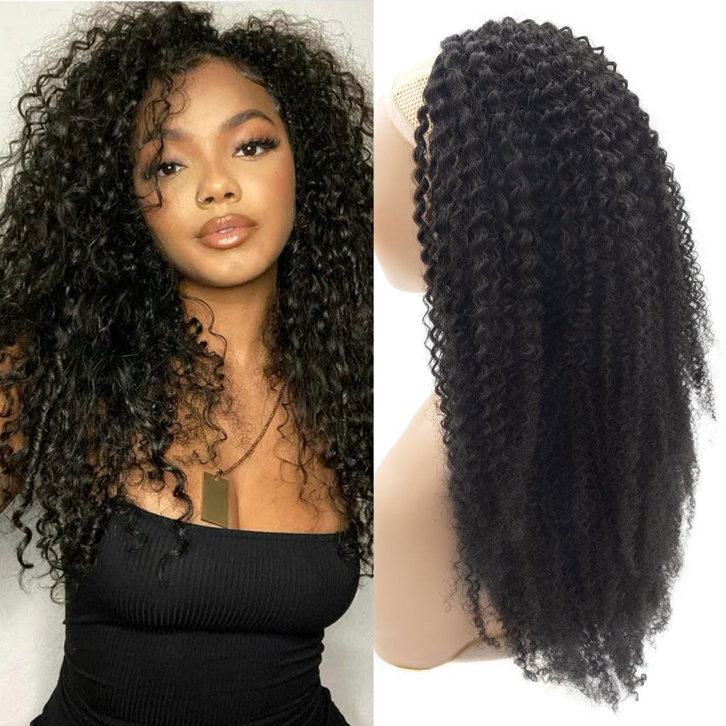 Half Wig Kinky Curly Human Hair Wholesale Non Lace Machine Made Wigs Curly Human Hair Drawstring HalfWig for Black Women