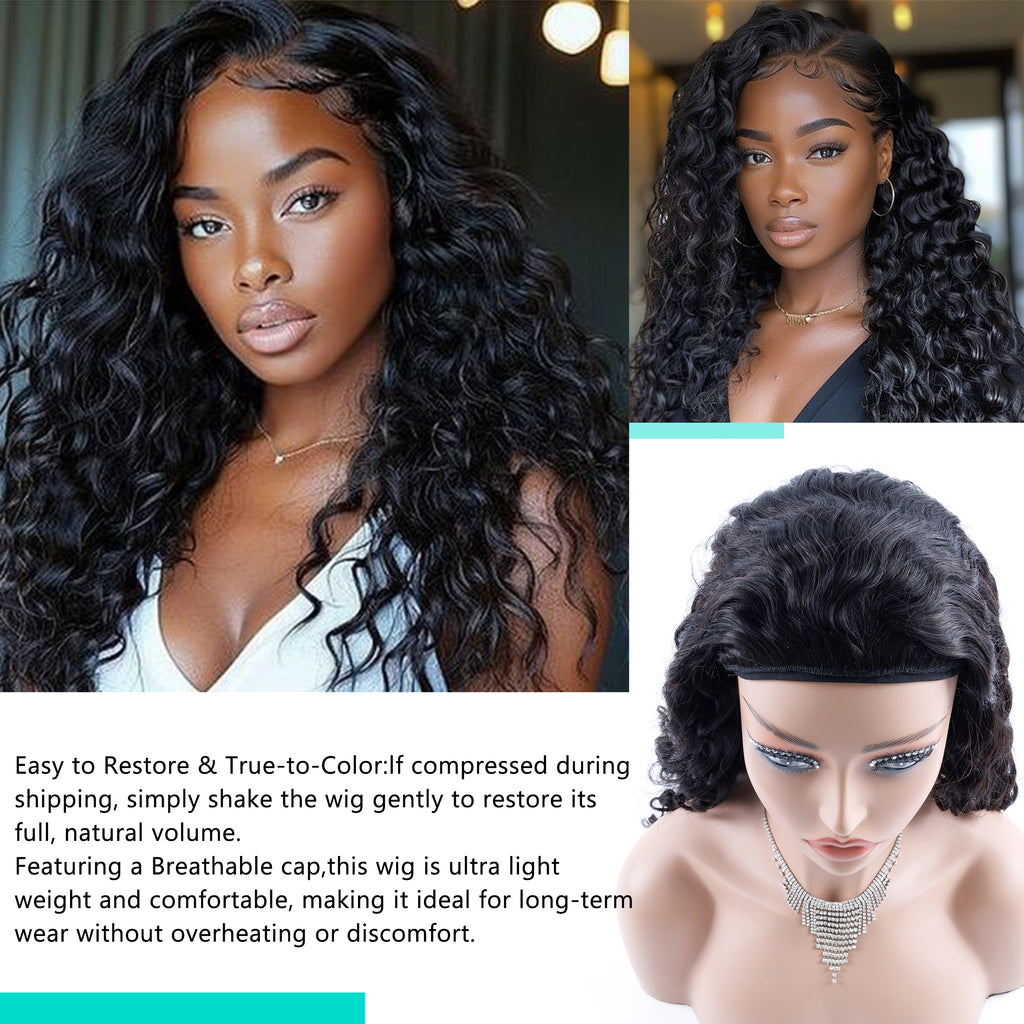 Human Hair Deep Wave 3 in 1 Half Wigs Wear and Go Glueless Wigs Drawstring Seamless Flip Over No Lace Wig for Beginner