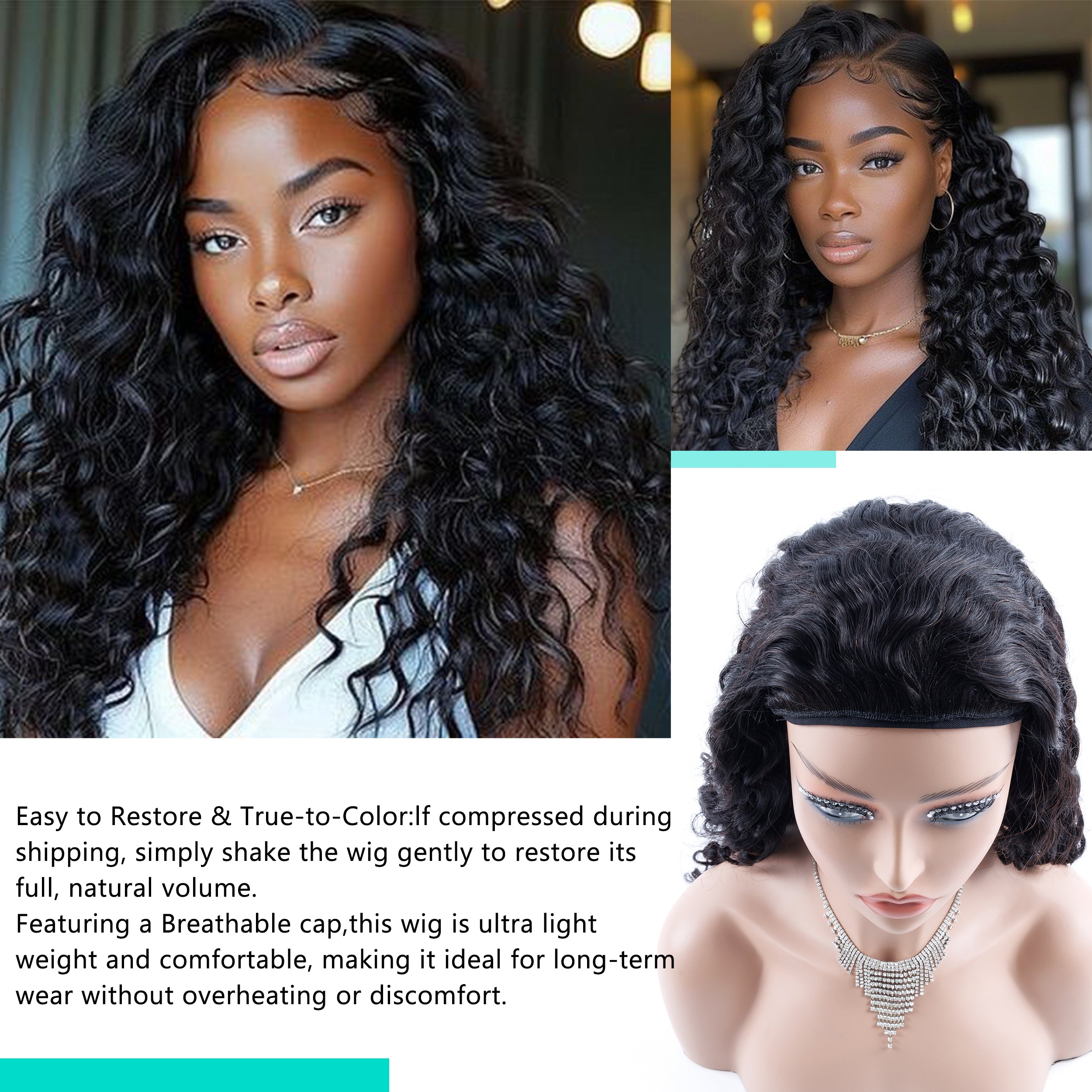 Human Hair Deep Wave 3 in 1 Half Wigs Wear and Go Glueless Wigs Drawstring Seamless Flip Over No Lace Wig for Beginner