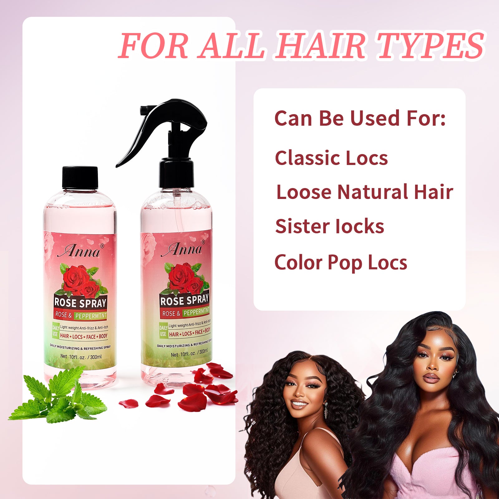 Private Label Natural Rose Peppermint Spray Lightweight Anti-Frizz Moisturizing Refreshing Spray for Locs Dreadlocks Twist
