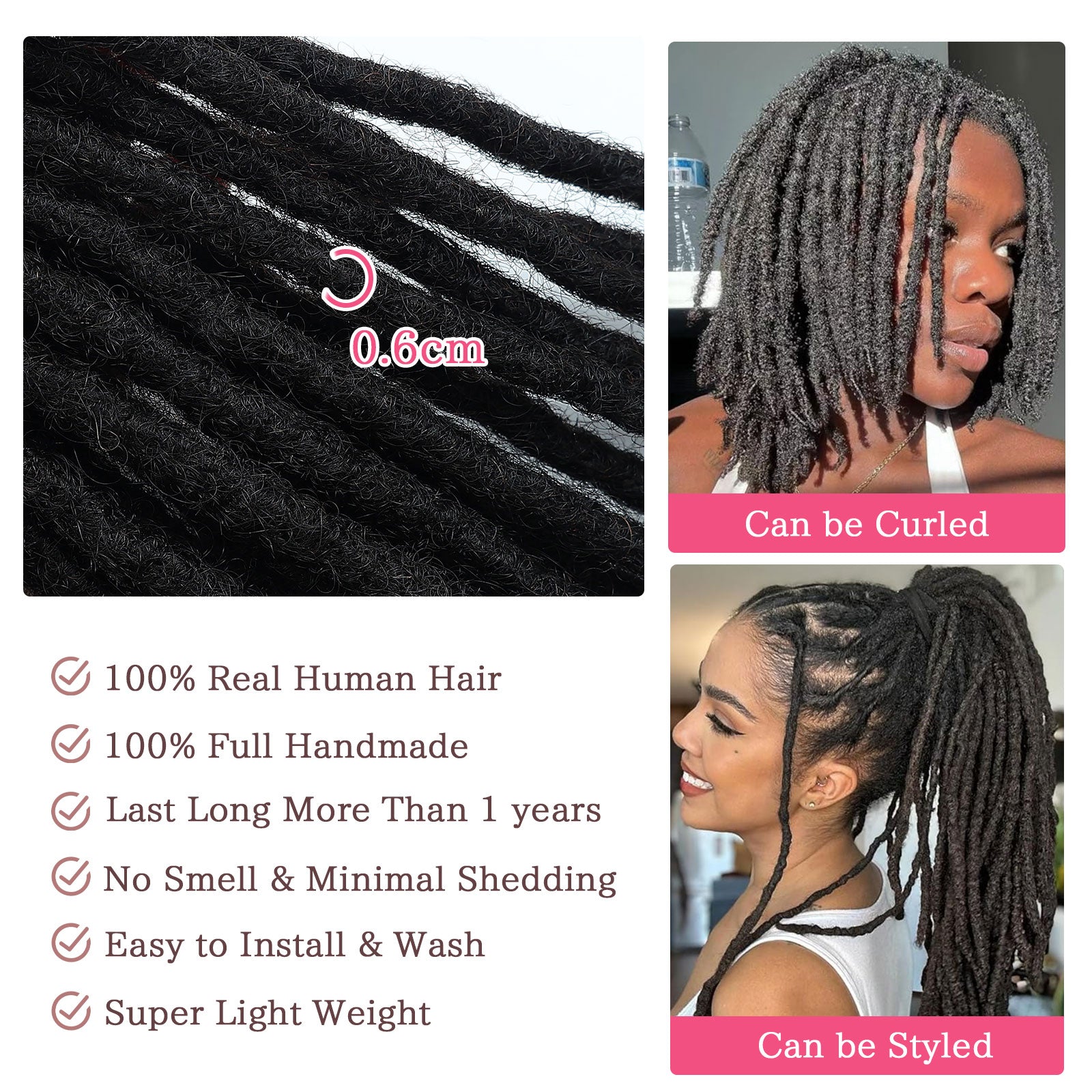 20Strands Black Wholesale 100% Human Hair Handmade Dreadlocks Regular Locs Extensions Can Be Bleached Curled for Black Women Men