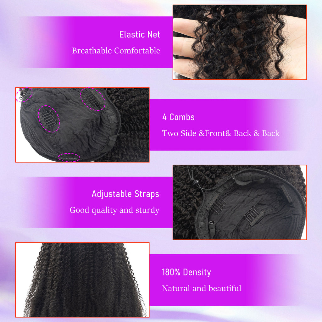 Half Wig Kinky Curly Human Hair Wholesale Non Lace Machine Made Wigs Curly Human Hair Drawstring HalfWig for Black Women