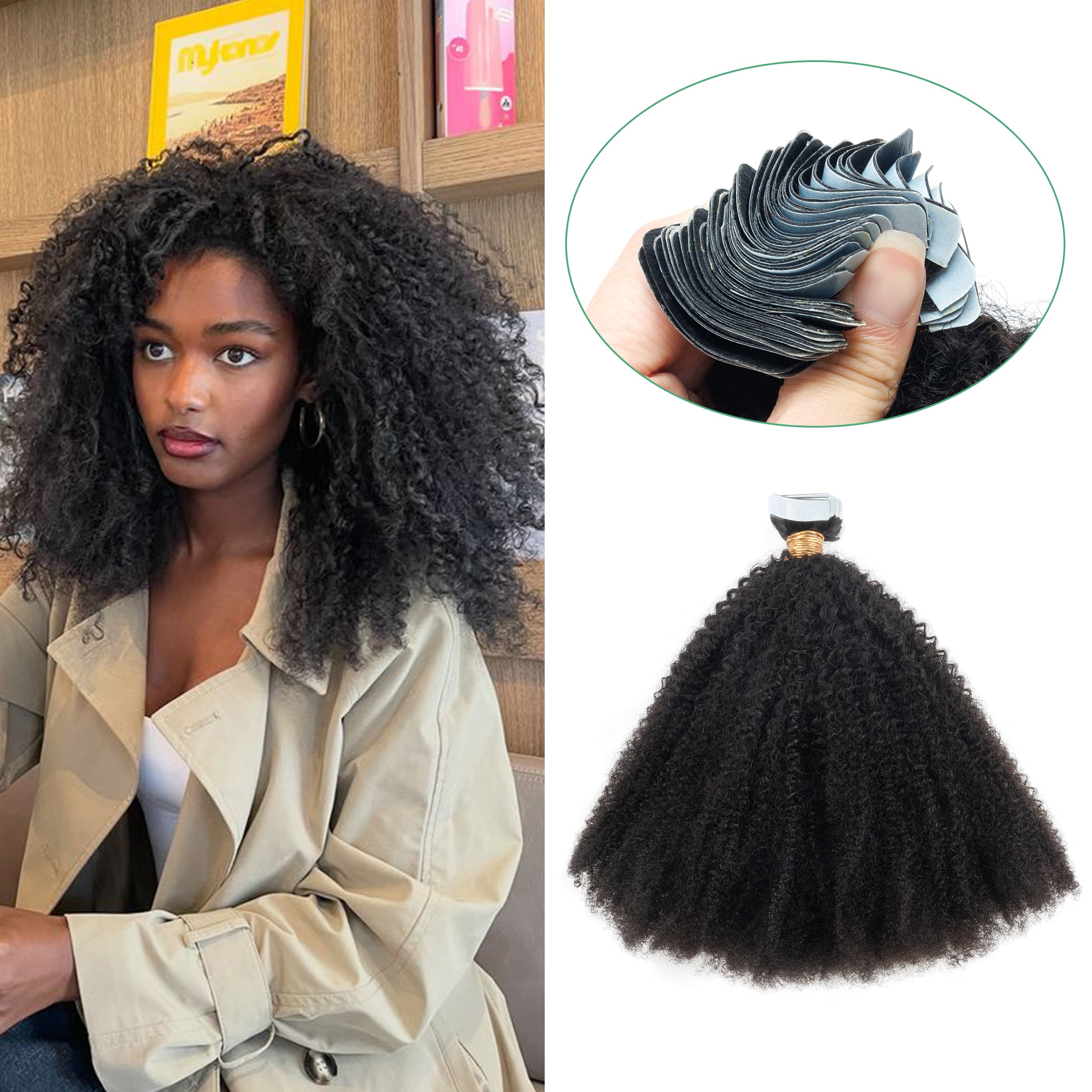 Natural Color Afro Kinky Curly Tape in Human Hair Extensions 10-24 Afro Curl Remy Skin Weft Tape Hair Bundles