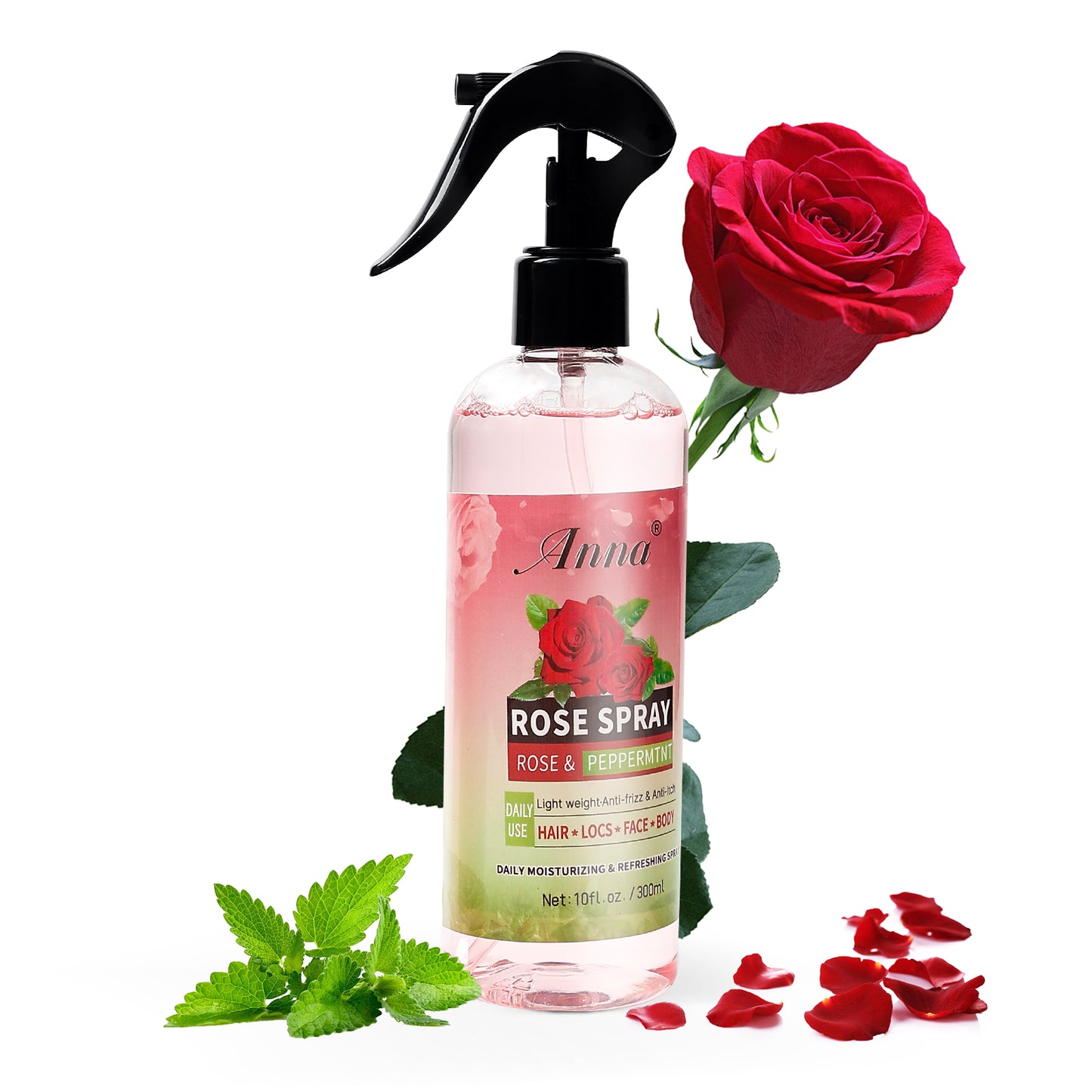 Private Label Natural Rose Peppermint Spray Lightweight Anti-Frizz Moisturizing Refreshing Spray for Locs Dreadlocks Twist